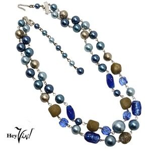 Vintage Double Strand Bead Necklace Signed Japan Blue and Gold 18" Long -Hey Viv